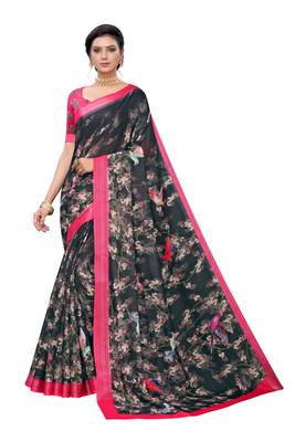Black printed linen saree with blouse 1