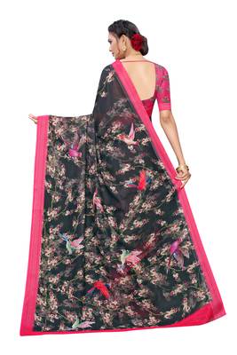 Black printed linen saree with blouse 2