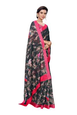 Black printed linen saree with blouse 3