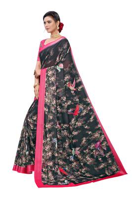 Black printed linen saree with blouse 4