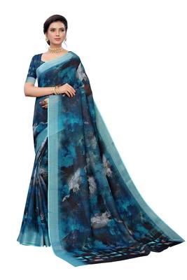 Blue printed linen saree with blouse 1