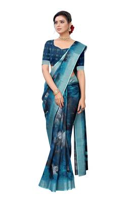 Blue printed linen saree with blouse 2