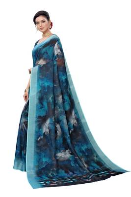 Blue printed linen saree with blouse 3