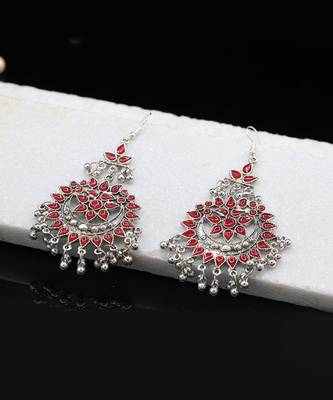 Silver Plated Red Chandbali Afghani Dangle Drop Earrings 3