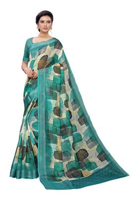Dark olive printed linen saree with blouse 1