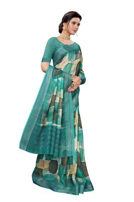 Dark olive printed linen saree with blouse 2