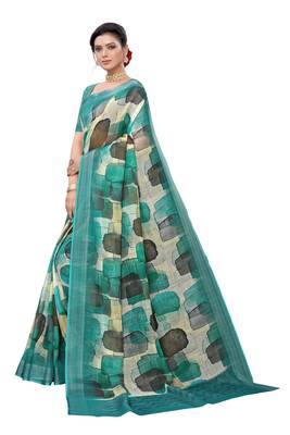 Dark olive printed linen saree with blouse 3