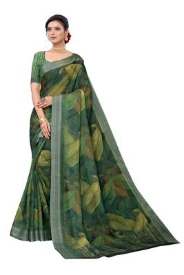 Green printed linen saree with blouse 1