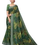 Green printed linen saree with blouse