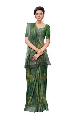 Green printed linen saree with blouse 2