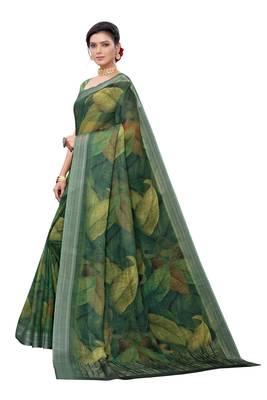 Green printed linen saree with blouse 3