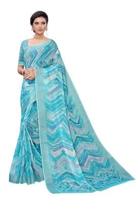 Sky blue printed linen saree with blouse 1