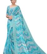 Sky blue printed linen saree with blouse
