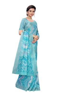 Sky blue printed linen saree with blouse 2