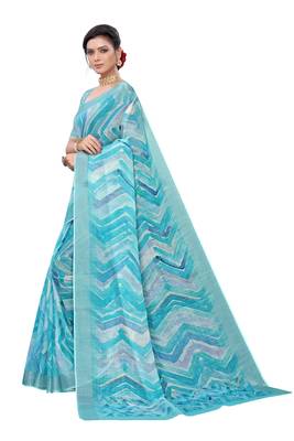 Sky blue printed linen saree with blouse 3