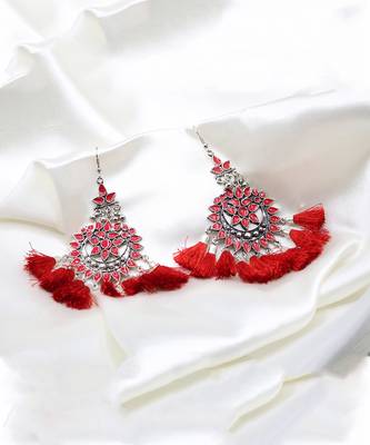 Silver Plated Red Tassel Drop Earrings for Women 1