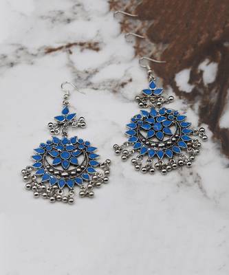 Silver Plated Blue Chandbali Afghani Dangle Drop Earrings 1