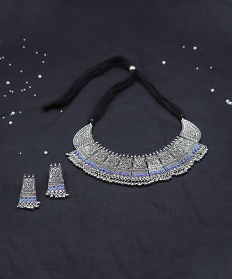Silver Oxidized German Plated Bead Choker with Earring Necklace Set 2