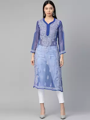 Navy-blue hand woven georgette chikankari-kurtis 1