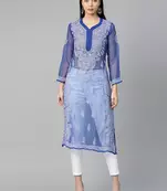 Navy-blue hand woven georgette chikankari-kurtis