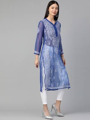 Navy-blue hand woven georgette chikankari-kurtis 3