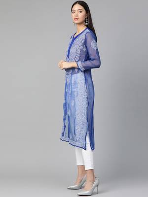 Navy-blue hand woven georgette chikankari-kurtis 4