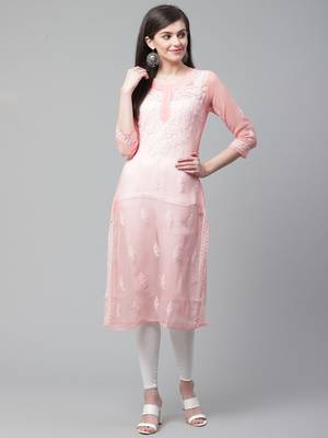 Peach hand woven georgette chikankari-kurtis 1