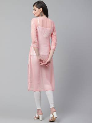 Peach hand woven georgette chikankari-kurtis 2