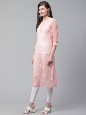 Peach hand woven georgette chikankari-kurtis 3