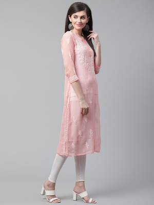 Peach hand woven georgette chikankari-kurtis 4