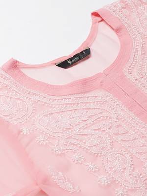 Peach hand woven georgette chikankari-kurtis 5