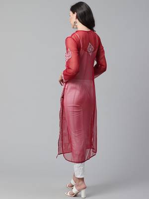Maroon hand woven georgette chikankari-kurtis 2
