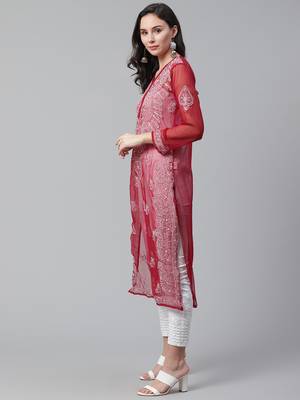 Maroon hand woven georgette chikankari-kurtis 3