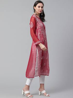 Maroon hand woven georgette chikankari-kurtis 4
