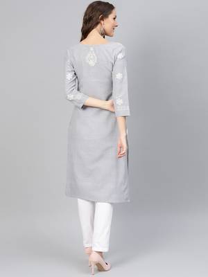 Grey hand woven linen chikankari-kurtis 2
