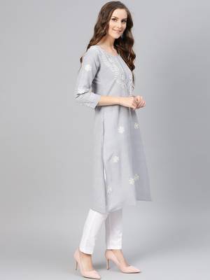 Grey hand woven linen chikankari-kurtis 3