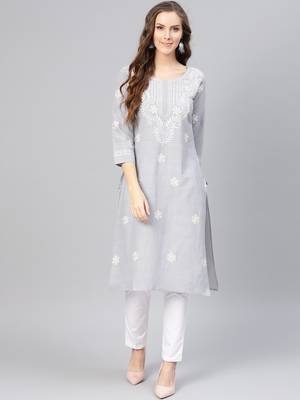 Grey hand woven linen chikankari-kurtis 4