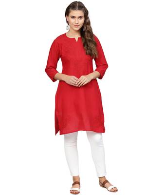 Red hand woven cotton chikankari-kurtis 1