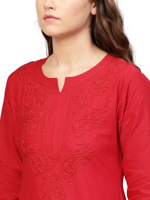 Red hand woven cotton chikankari-kurtis 3