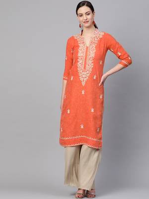 Orange embroidered cotton embroidered-kurtis 1