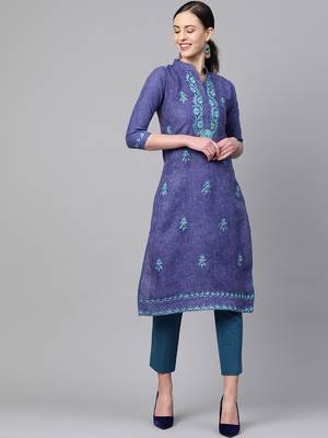 Blue embroidered cotton embroidered-kurtis 1