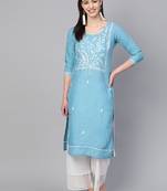 Sky-blue embroidered cotton embroidered-kurtis
