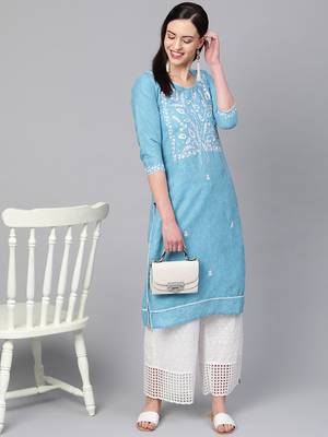 Sky-blue embroidered cotton embroidered-kurtis 3