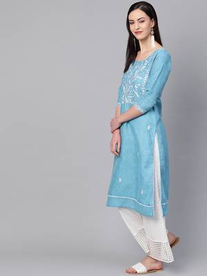 Sky-blue embroidered cotton embroidered-kurtis 4