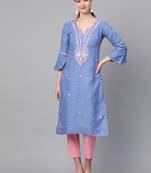 Blue embroidered cotton embroidered-kurtis