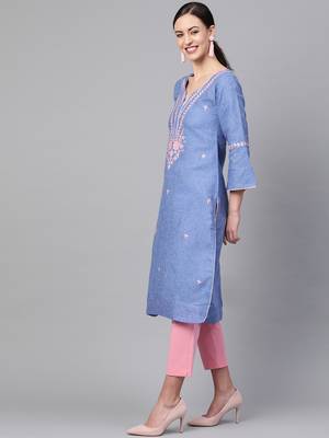Blue embroidered cotton embroidered-kurtis 3