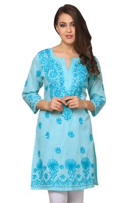 Blue embroidered cotton embroidered-kurtis 1