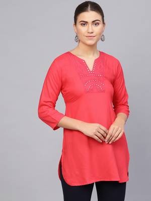 Pink plain rayon embroidered-kurtis 1