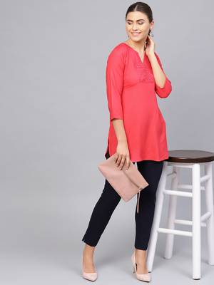 Pink plain rayon embroidered-kurtis 4