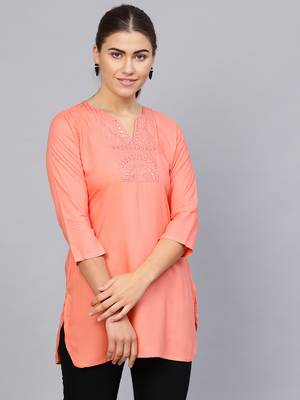 Peach plain rayon embroidered-kurtis 1